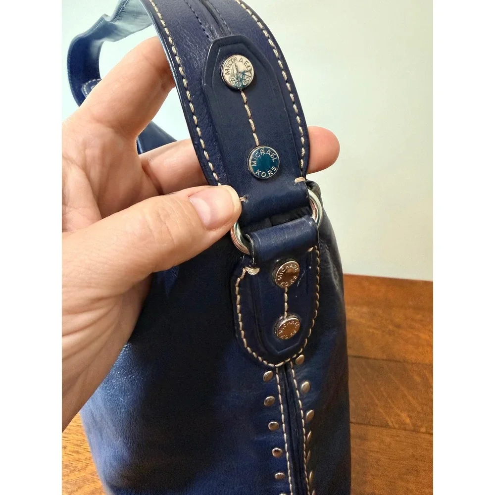 Michael Kors‎ Blue Leather Studded Hobo Shoulder Bag Silver Hardware Y2K Vinage